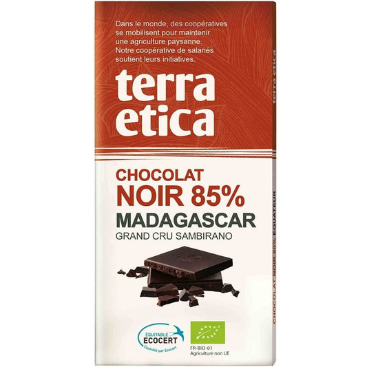 Dunkle Schokolade 85% Madagaskar von TERRA ETICA, fair gehandelt, BIO, 100 g, mit dunkler Schokoladenoberfläche.