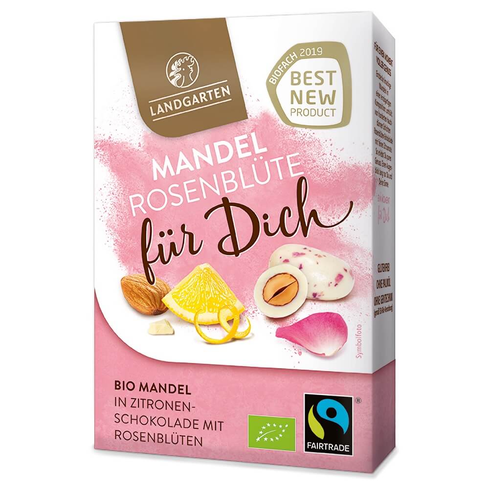 Weiße Schokolade gebrannte Mandeln mit Zitronengeschmack mit Rosenblättern glutenfrei BIO 90 g - LANDGARTEN