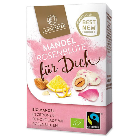 Weiße Schokolade gebrannte Mandeln mit Zitronengeschmack mit Rosenblättern glutenfrei BIO 90 g - LANDGARTEN