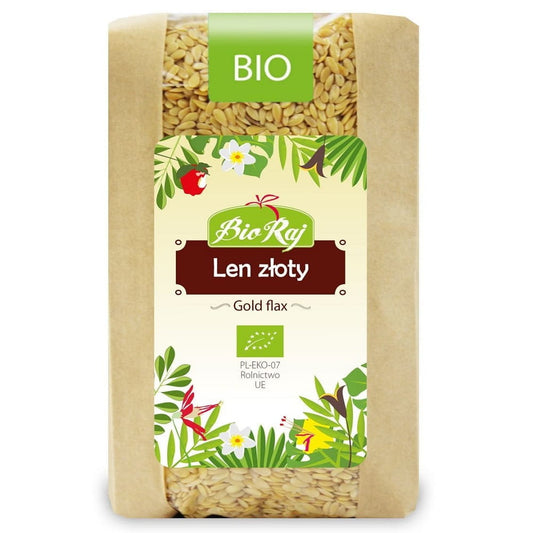 Goldenes Leinen aus Bio-Qualität von BIO PARADIES, BIO RAJ, 400 g, sichtbar auf der Verpackung.