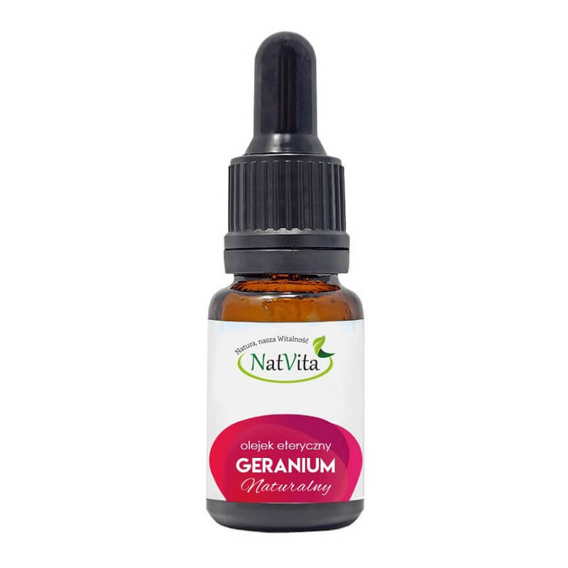 Natürliches Geranienöl in einer 10ml Flasche von biogo, ätherisches Öl mit blumigem Duft, auf weißem Hintergrund.