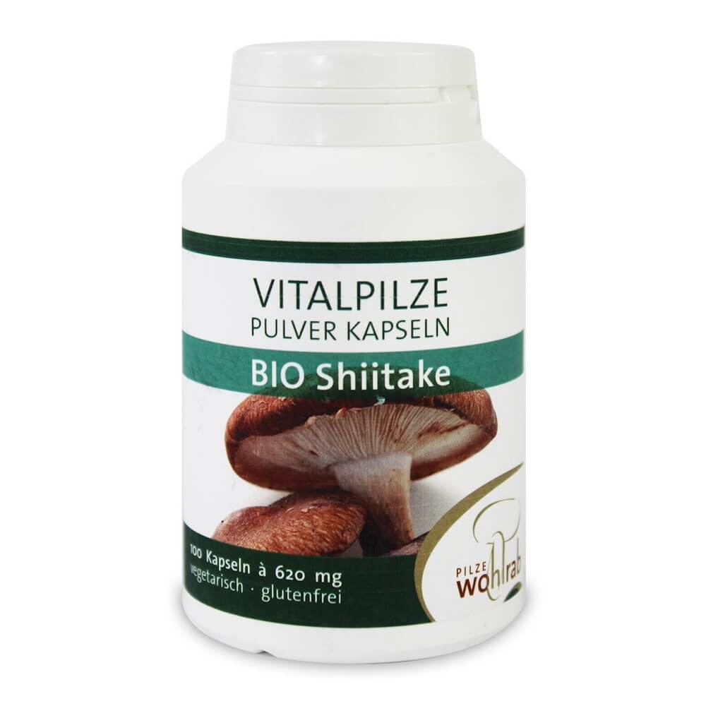 Pulverisierte, glutenfreie BIO Shiitake-Pilze von PILZE WOHLRAB, japanischer Härter, 100 g, feines Pilzpulver in Packung