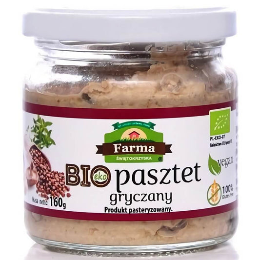 Bio Buchweizenpastete von FARMA ŚWIĘTOKRZYSKA, 160 g, cremige, dunkle Pastete in einer Dose.