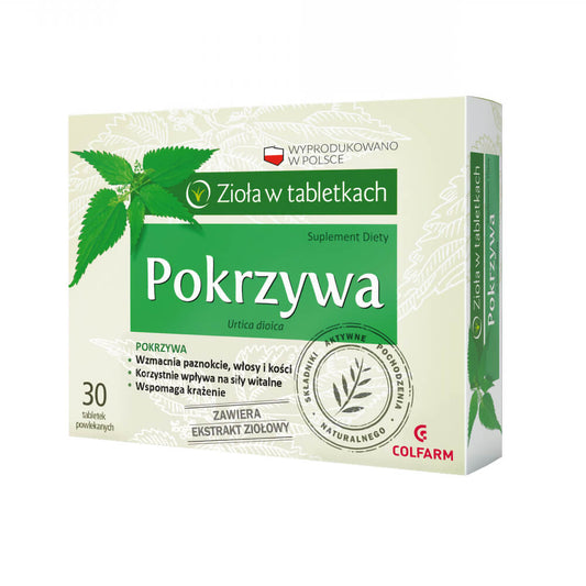 Brennnessel 150mg Tabletten von COLFARM, 30 Stück, nahe Ansicht der Packung mit Tabletten auf weißem Hintergrund