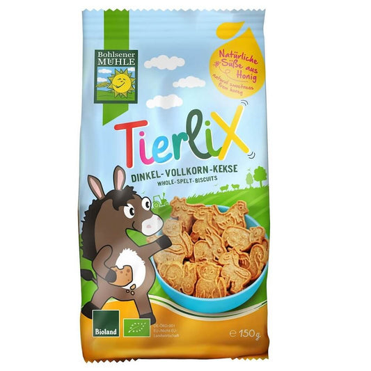 Bio-Dinkelplätzchen für Kindertiere von BOHLSENER MÜHLE, 150 g, mit natürlichen Zutaten, sichtbar auf den Keksen.