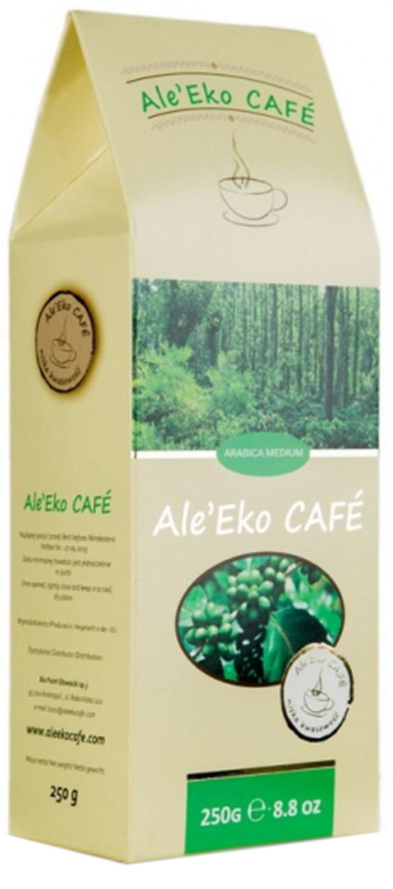 Gemahlener Bio-Arabica-Kaffee von ALE EKO CAFE, 250 g, zeigt frisch gemahlenen Kaffee in einer Packung.