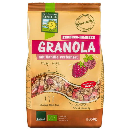 Bio Erdbeer-Himbeer-Granola von Bohlsener Mühle in 350 g Packung, mit fruchtigen Beeren und knusprigen Haferflocken.