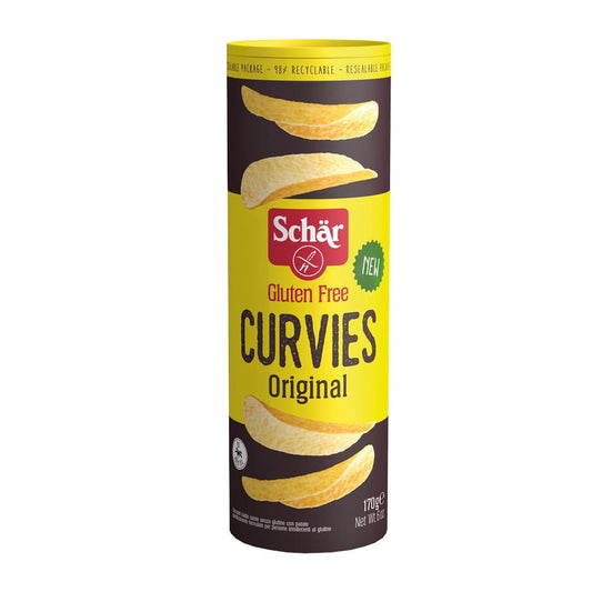 Knusprige glutenfreie Kartoffelchips von SCHAR, 170 g, in einer geöffneten Packung, goldbraun und knusprig.