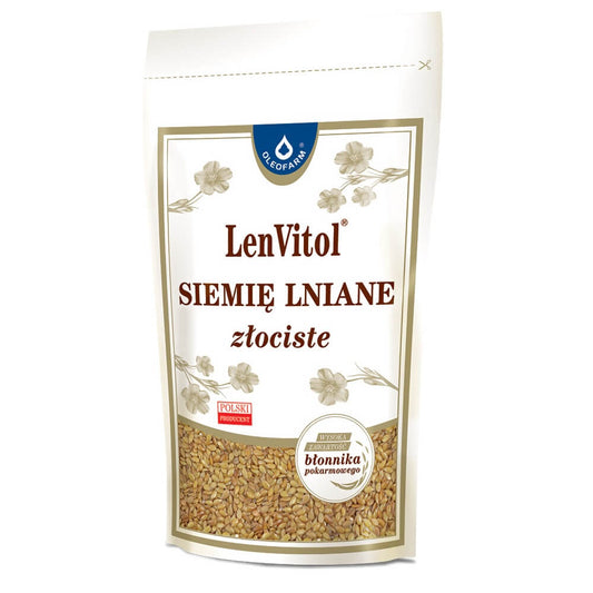 Goldener Leinsamen in 450g Packung von OLEOFARM, Nahaufnahme der Samen in einer offenen Packung