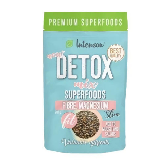 Detox Mix Superfoods von INTENSON EUROPE in 200g Verpackung, zeigt eine bunte Mischung aus Superfoods in einer Schüssel.