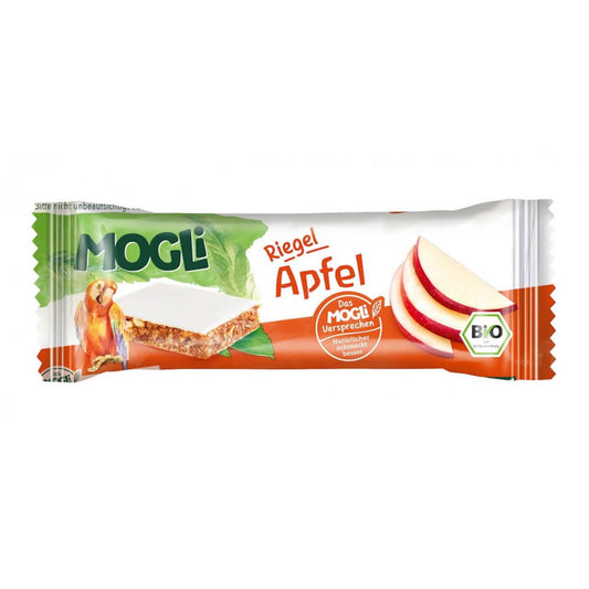 Bio Apfelriegel von MOGLI, 25 g, mit frischen Apfelstücken und natürlichen Zutaten, auf weißem Hintergrund abgebildet