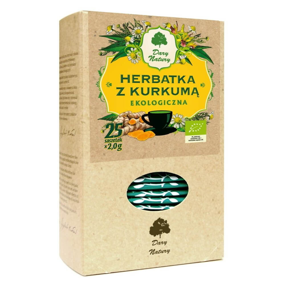 BIO Kurkuma-Tee von DARY NATURY, 25 Beutel à 2 g, frischer Bio-Kurkuma-Tee in nachhaltiger Verpackung.