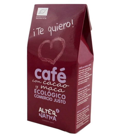 Gemahlener Kaffee mit Kakao und Maca BIO von ALTERNATIVA, 125 g, Nahaufnahme der Verpackung und Produktbeschreibung