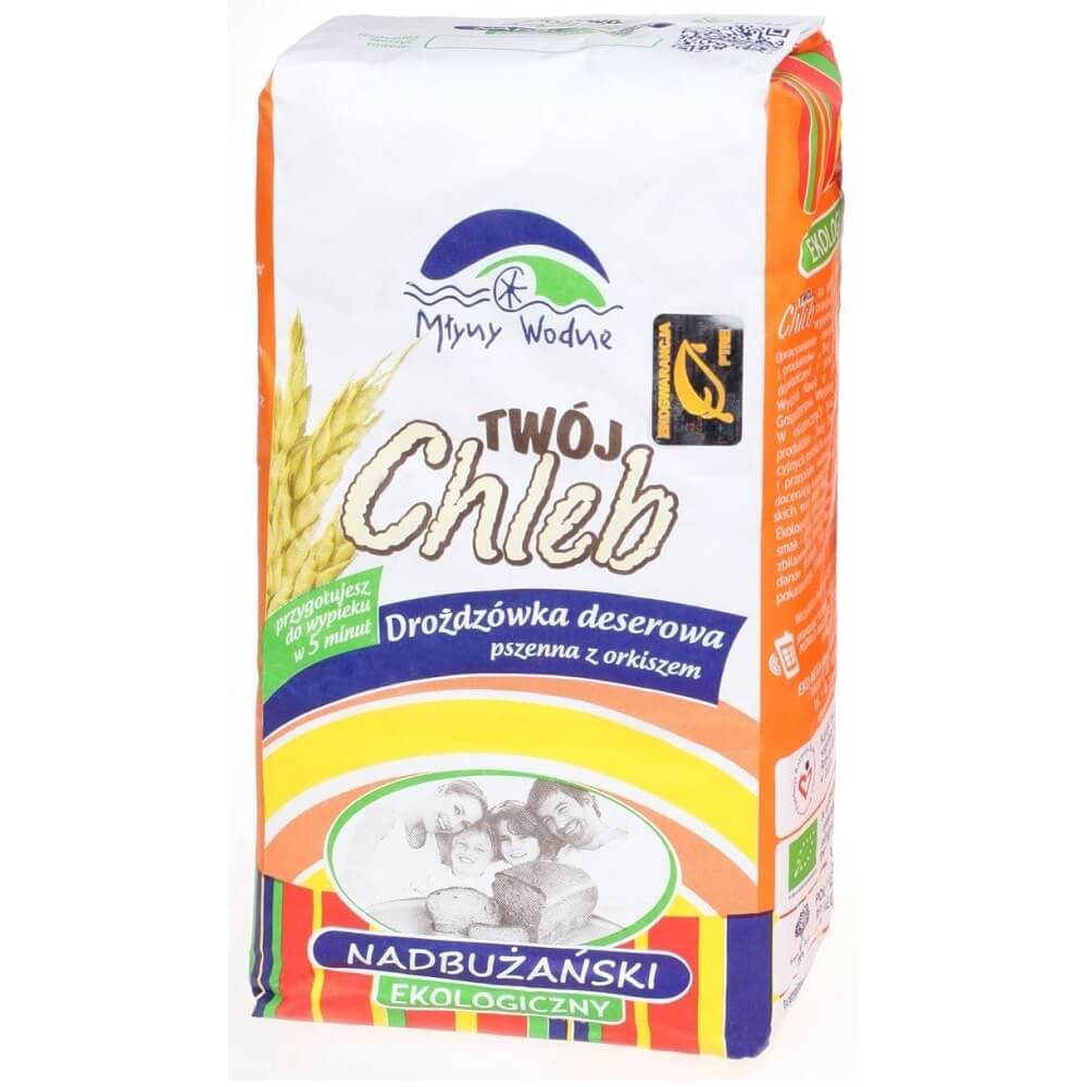 Mischung zum Backen mit Weizenhefe und Dinkel BIO, 1 kg, in einer Backmischung verpackt, von MŁYNY WODNE.