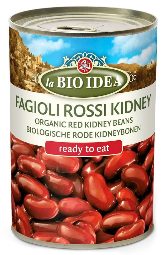 Rote Kidneybohnen in Dose von LA BIO IDEA, 400 g, BIO-Qualität, geöffnete Dose mit Bohnen sichtbar
