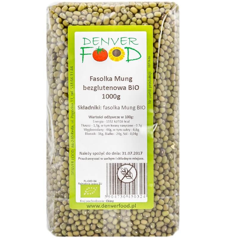 Glutenfreie Bio-Mungobohnen von DENVER FOOD in 1000g Packung, frische und gesunde Hülsenfrüchte.