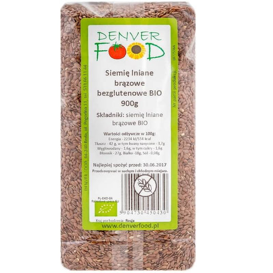 Brauner, glutenfreier Bio-Leinsamen von Denver Food in 900g Packung, sichtbar in der Verpackung.