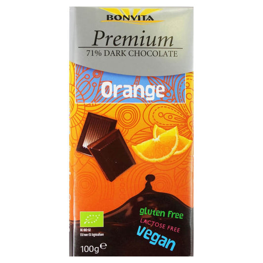Dunkle Bio-Edelbitterschokolade mit 71% Kakao, Orangestückchen, laktosefrei und glutenfrei, verpackt in 100 g BONVITA Verpackung