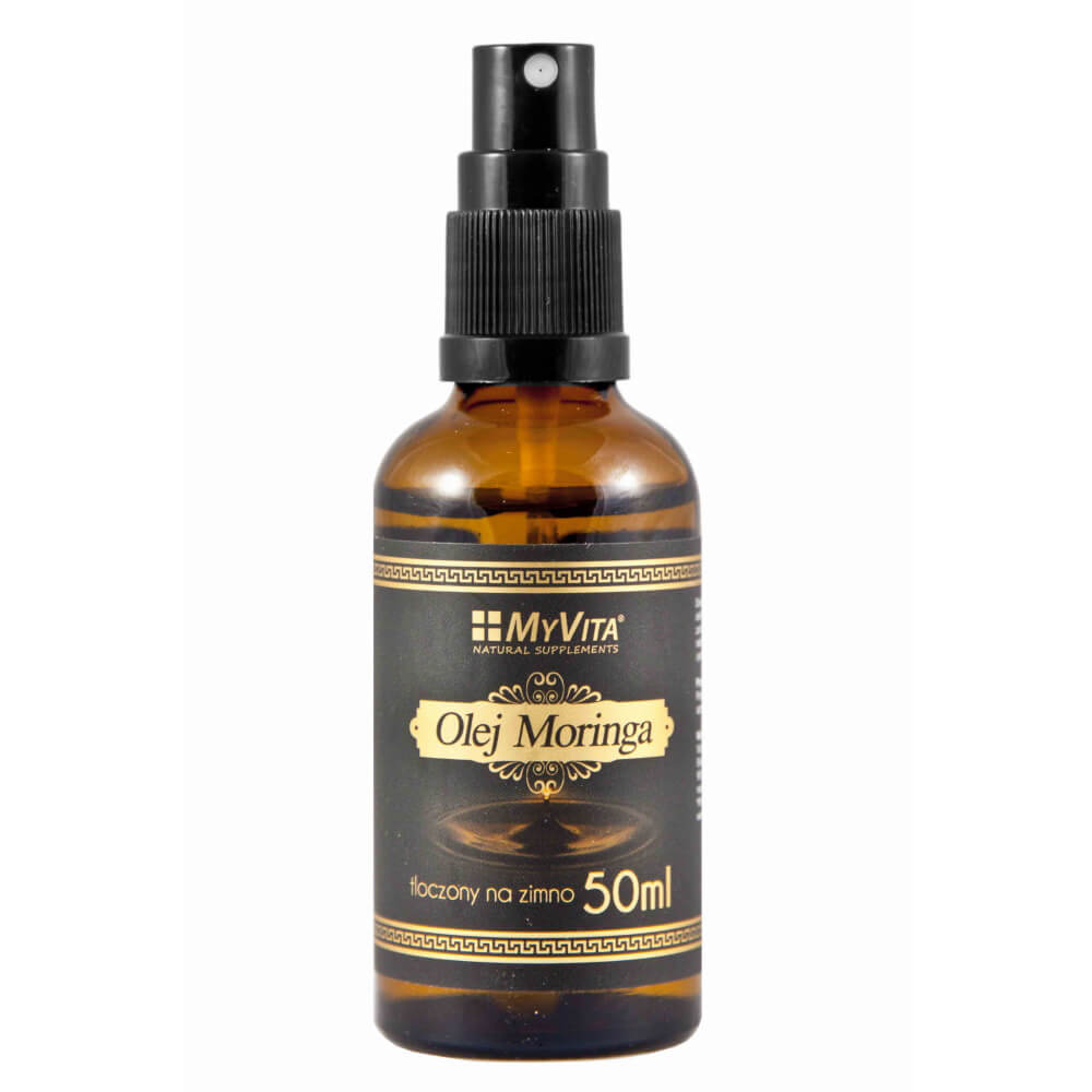 Moringaöl 100% unraffiniert und kaltgepresst, 50ml Flasche von MYVITA, zeigt das naturbelassene Öl in einer dunklen Flasche