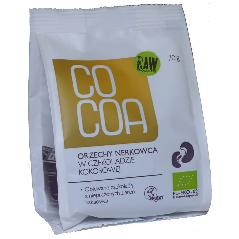 Bio Cashewnüsse in Kokosschokolade von COCOA, 70 g, frisch und knackig, mit cremiger Kokosschokolade umhüllt.