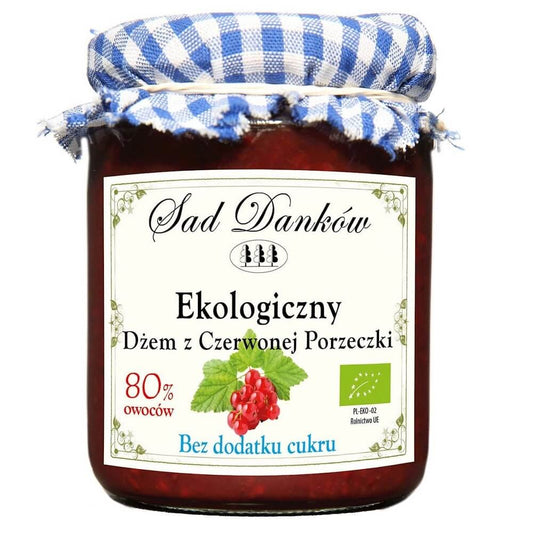 Rote Johannisbeermarmelade ohne Zucker, BIO, 260 g, von SAD DANKÓW, Glas mit roter Fruchtmarmelade, naturbelassen und frisch