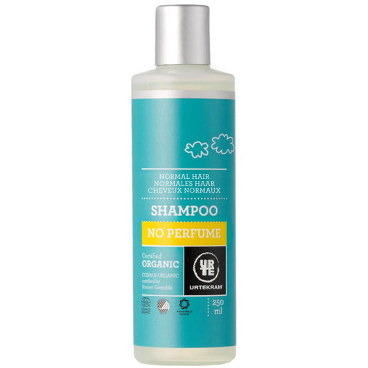 Neutrales Bio-Shampoo für normales Haar von URTEKRAM, 250 ml Flasche mit weißem Shampoo in einer weißen Flasche.