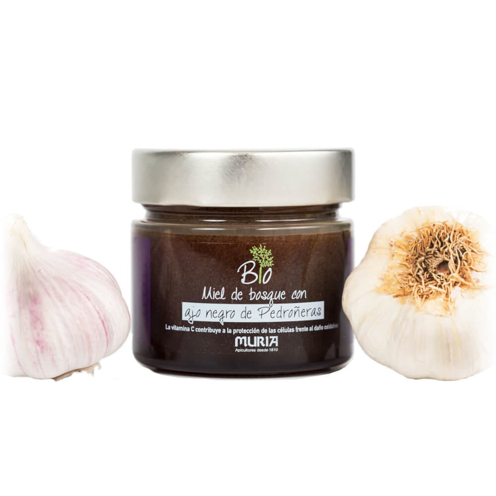 Bio Waldhonig mit Acerola und schwarzem Knoblauch von MURIA, 250 g, cremige Konsistenz, natürliche Inhaltsstoffe.