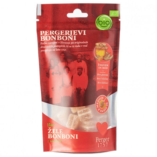 Bunte Gelees mit Ingwer- und Honiggeschmack in Zucker, 70 g, von PERGER, in einer offenen Packung sichtbar