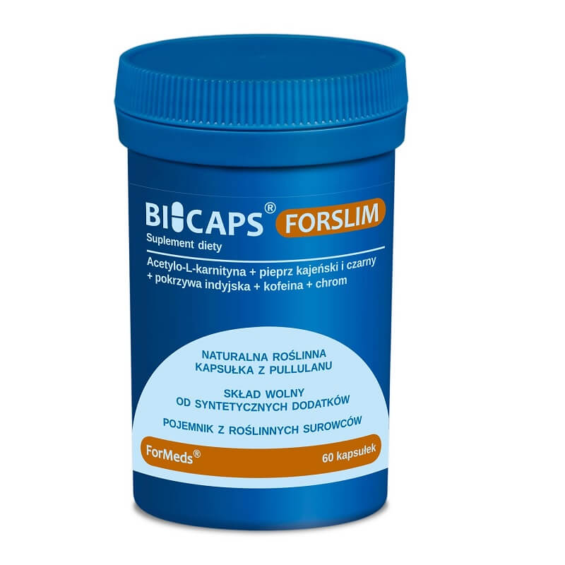 BICAPS Forslim Nahrungsergänzungsmittel, 60 Kapseln, 318 g, von FORMEDS, geöffnet mit Kapseln und Verpackung sichtbar