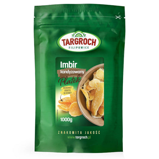 Kandierte Ingwerflocken von TARGROCH in einer 1000g Packung, glasiert und aromatisch, auf einem weißen Hintergrund sichtbar