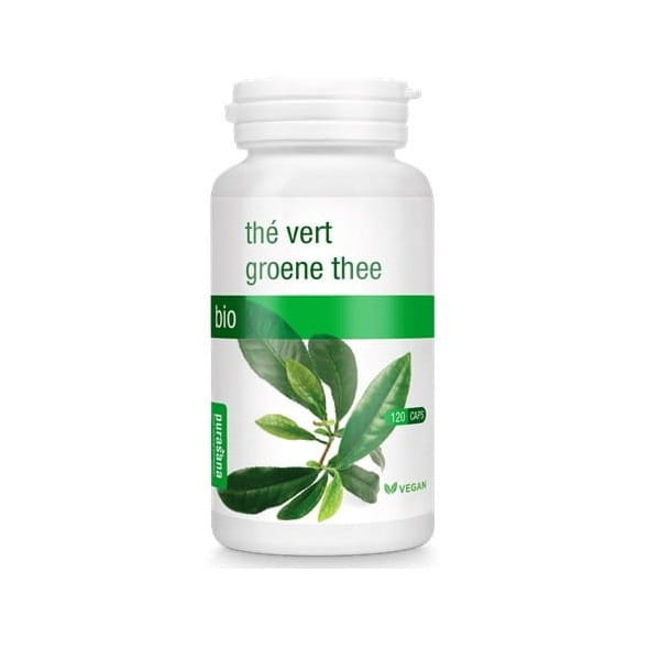 Grüner Bio-Tee in Kapseln von PURASANA, 120 Stück, zeigt die grünen Kapseln auf der Verpackung.