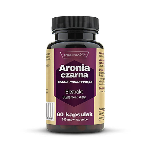Schwarzer Aronia-Extrakt von PHARMOVIT, 20:1, 25% Anthocyane, 200mg in 60 Kapseln, nährstoffreich und natürlich.