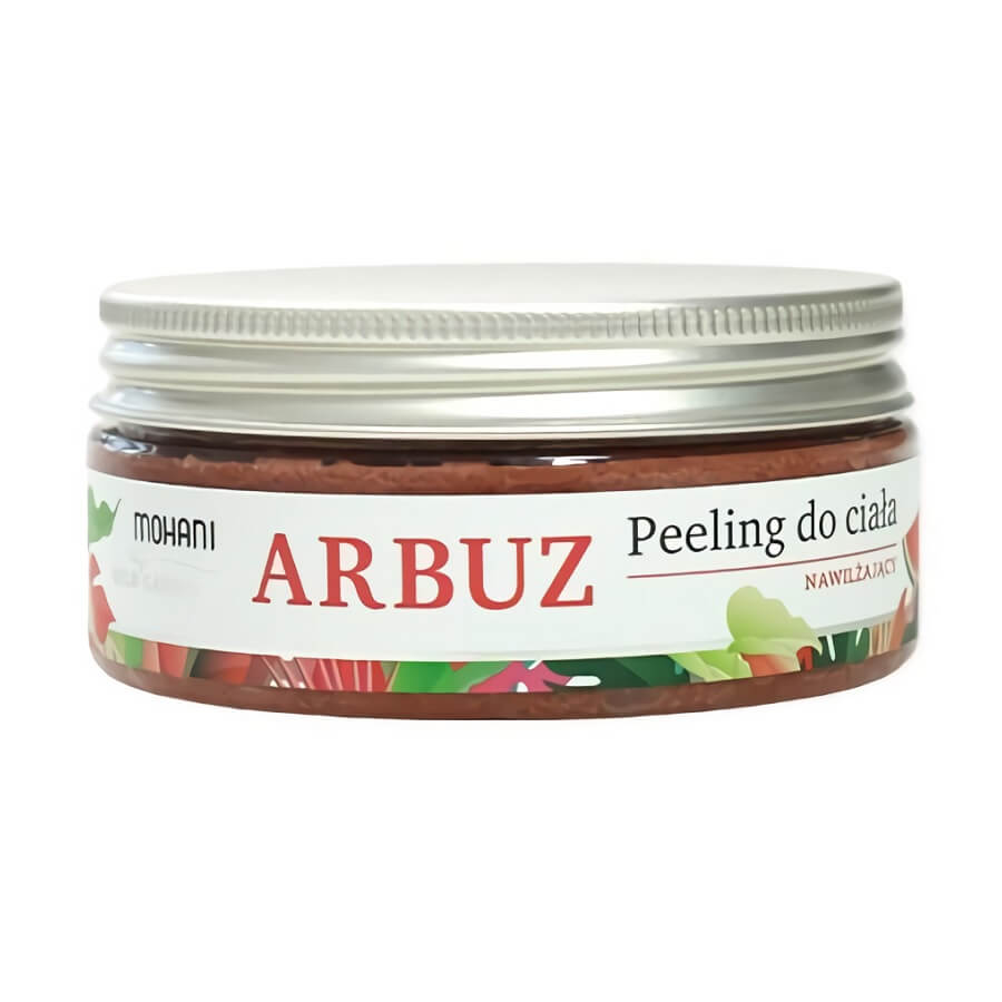 Feuchtigkeitsspendendes Wassermelonen-Körperpeeling von MOHANI, 150 g, mit fruchtigem Duft und exfolierenden Körnern.