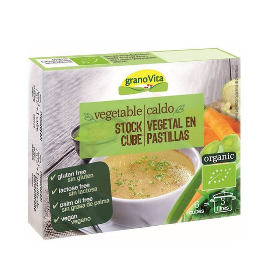 Glutenfreie BIO Gemüsewürfel von GRANOVITA in 66 g Packung, Nahaufnahme der Verpackung mit Gemüsewürfeln.