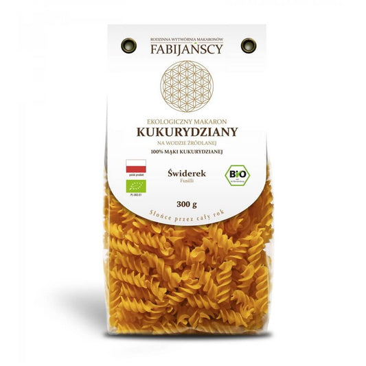 Vollbildaufnahme von BIOPLANET Fusilli (Mais) Nudeln BIO, 300 g, aus Mais, in einer transparenten Packung.
