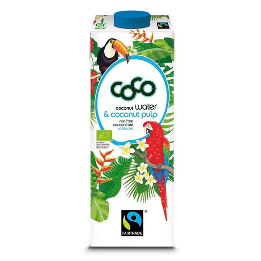 Ungefiltertes Bio-Kokoswasser von COCO DR. MARTINS in 1000 ml Flasche, frisches Kokoswasser im Glas