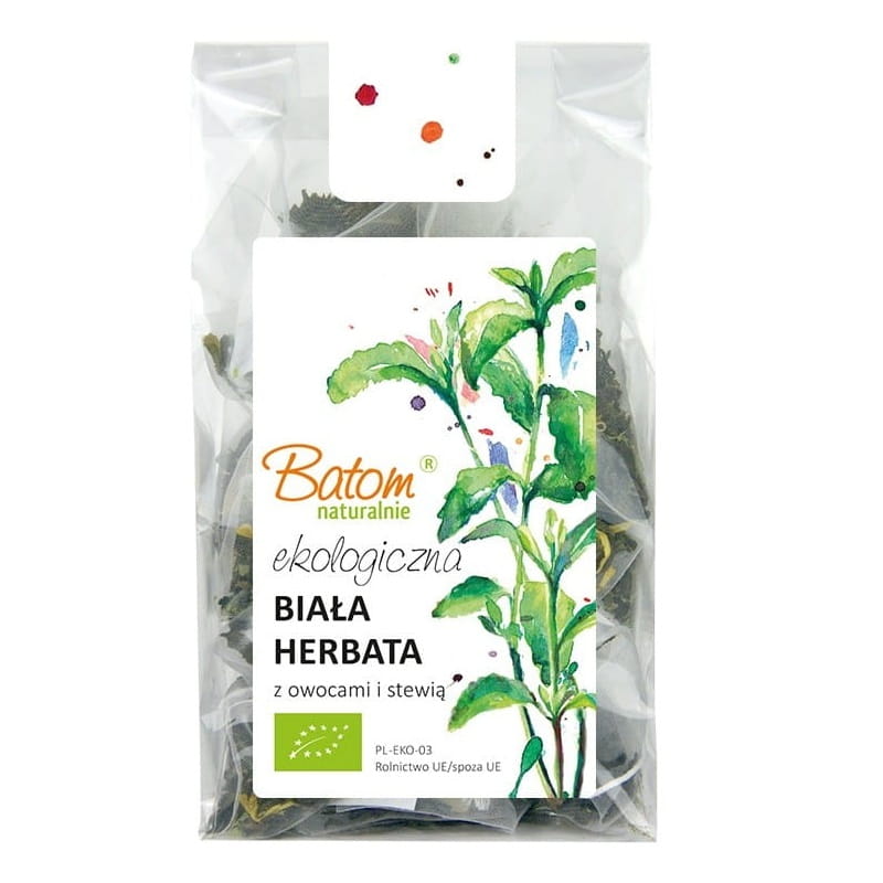 Weißer Bio-Tee mit Früchten und Stevia von BATOM, 30 g, in einer transparenten Verpackung, mit getrockneten Fruchtstücken.