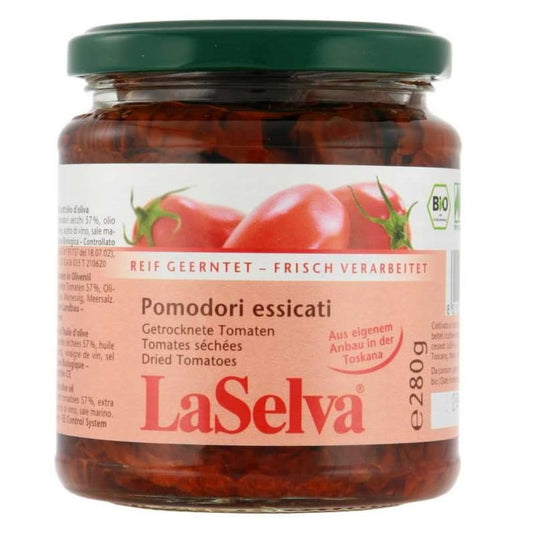 Getrocknete Tomaten in Olivenöl, Bio-Qualität, in 280 g Packung von LASELVA, mit leuchtenden roten Tomaten in Öl.