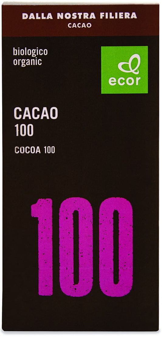 Dunkle Bio-Schokolade mit 100% Kakao von ECOR, 80 g, sichtbar in der Verpackung.