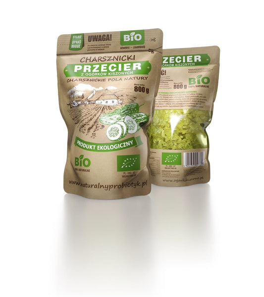 Eingelegtes Gurkenpüree BIO von CHARSZNICKIE, 800 g, mit frischen biologischen Gurken in Glasflasche.