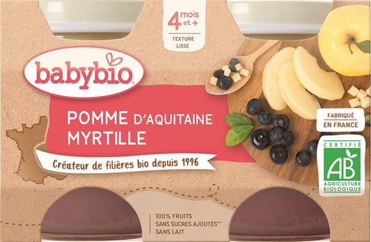 Baby-Glutenfreies Apfeldessert mit Heidelbeeren von BABYBIO, 2x130 g, für Babys ab 4 Monaten, bio und lecker.