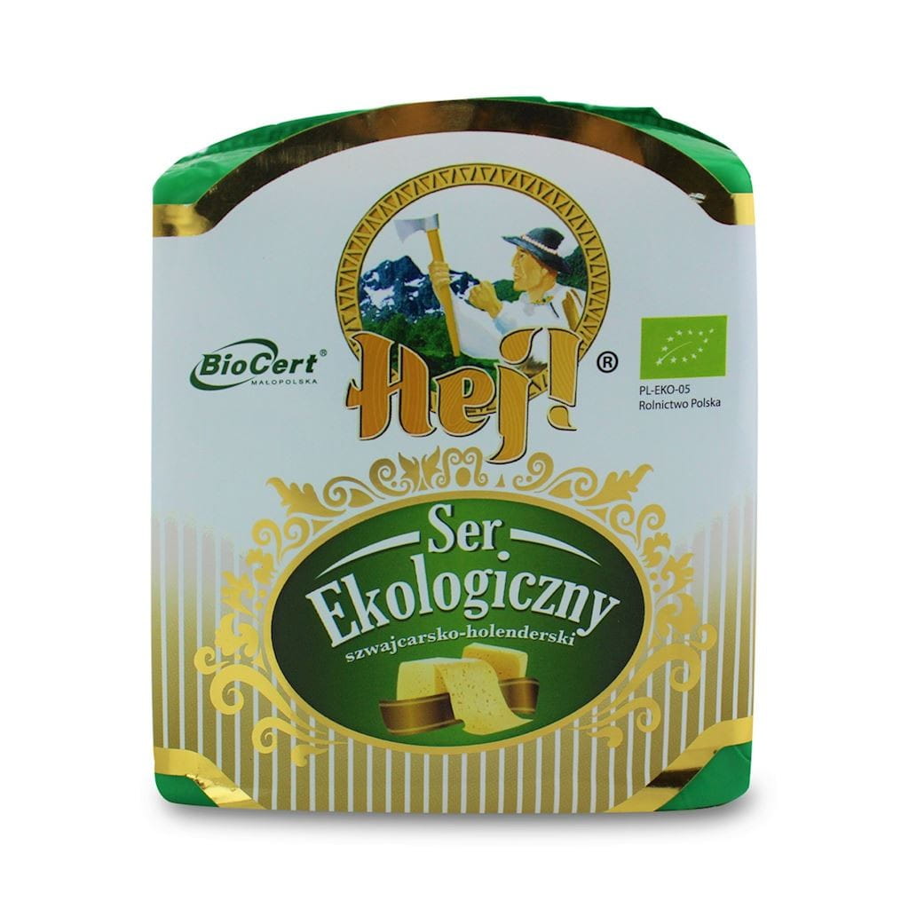 Schweizer-Holländischer Bio-Käse Block von OSM RADOMSKO, 1 kg, cremiger Käse mit gelber Rinde und glatter Oberfläche.