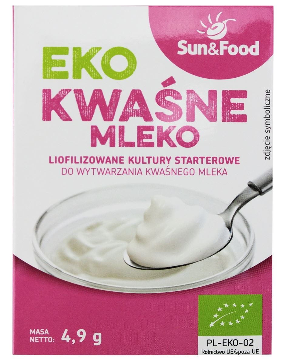 Gefriergetrocknete Sauermilch-Starterkulturen BIO von SUN&FOOD in 49 g Verpackung, Nahaufnahme der Verpackung und Kulturen