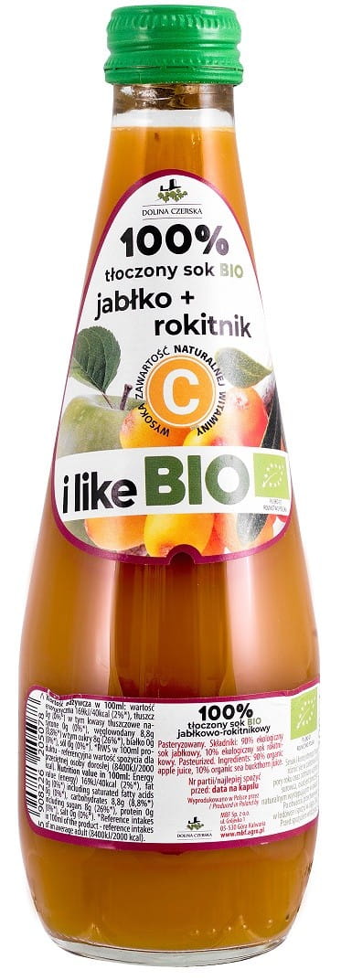 Bio Apfelsaft mit Sanddorn von Dolina Czerska, 300 ml, naturbelassen und frisch in einem Glasflaschen-Design.