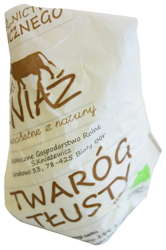 Fettiger Hüttenkäse von KNIAŹ in 300 g Schale, cremig und körnig, für Frühstück und Snacks.
