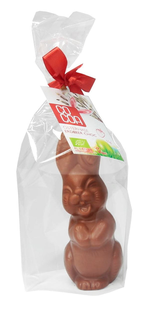 Hase mit Erdbeer-Geschmack aus Bio-Schokolade, 55 g von COCOA, detailreiche Darstellung des Schokoladenprodukts.