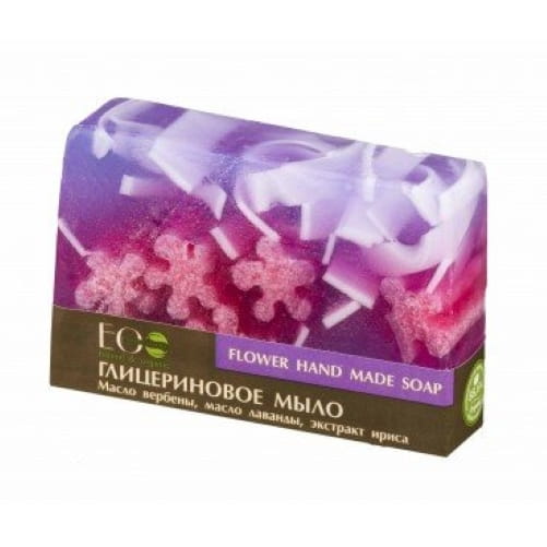 Blütenglycerinseife von EO LABORATORIE in 130 g, mit blumigem Duft und cremiger Konsistenz, auf weißem Hintergrund.
