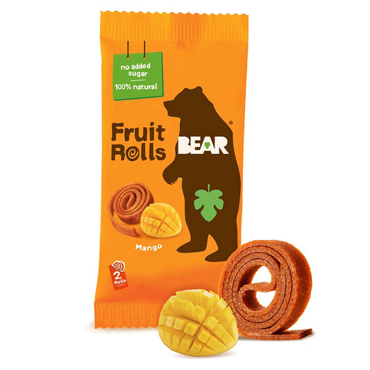 Mango-Fruchtrollen von BEAR, 20g, geleeartige Frucht-Snacks in Mango-Form, mit bunten Verpackungen.