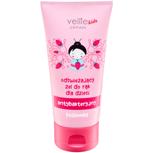 Kinder-Handgel mit Walderdbeere-Duft, 50 ml von EKOWITAL, in einer transparenten Flasche mit rotem Verschluss.