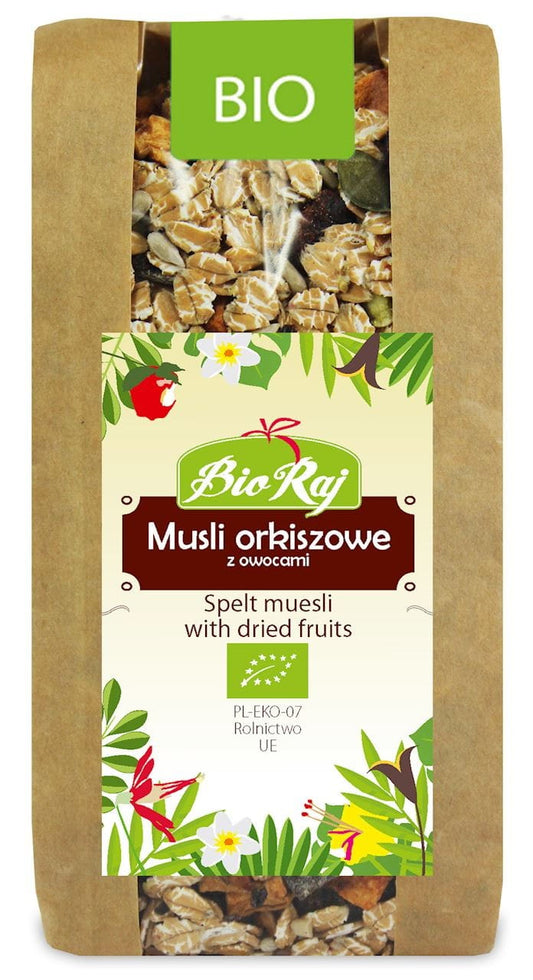 Bio Dinkelmüsli mit Früchten in einer Schüssel, BIO RAJ, 300 g, mit getrockneten Früchten und Haferflocken